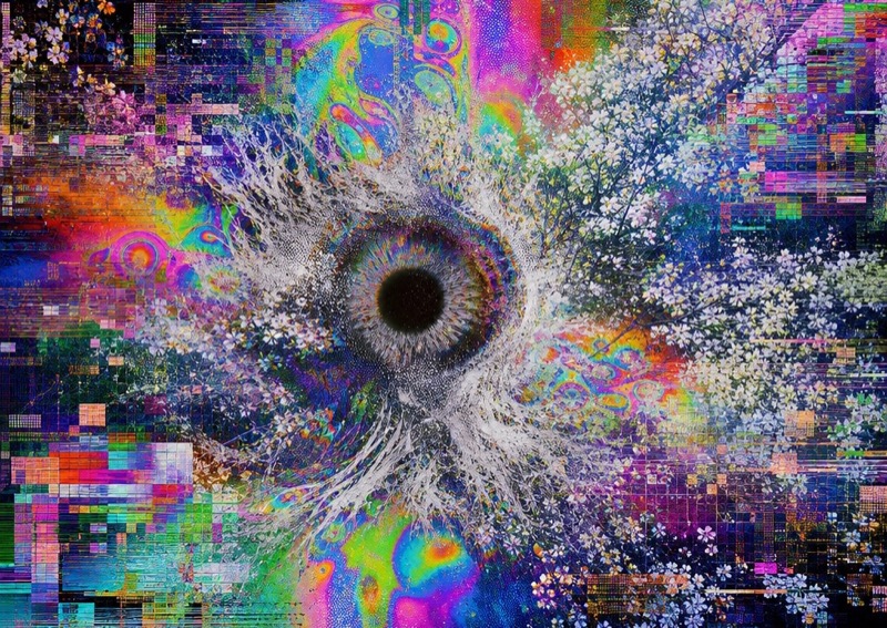 Example card front: a human iris blooming out of glitched digital colour, white cherry blossom and static.